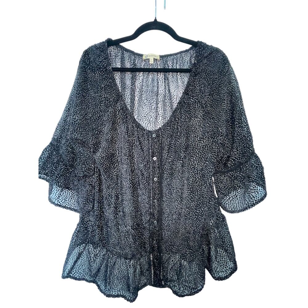 Democracy Sheer Peplum Blouse 1X Black White Dot Bell Sleeve